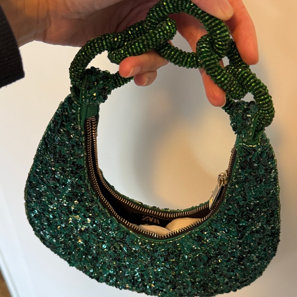 Zara Green Beaded Crescent Shoulder Bag